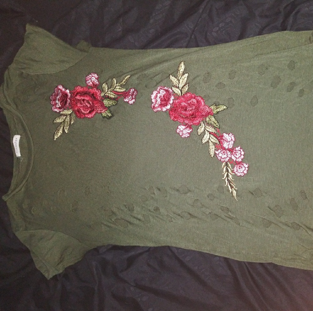 Army green shirt (holey) with rose vines 🌹